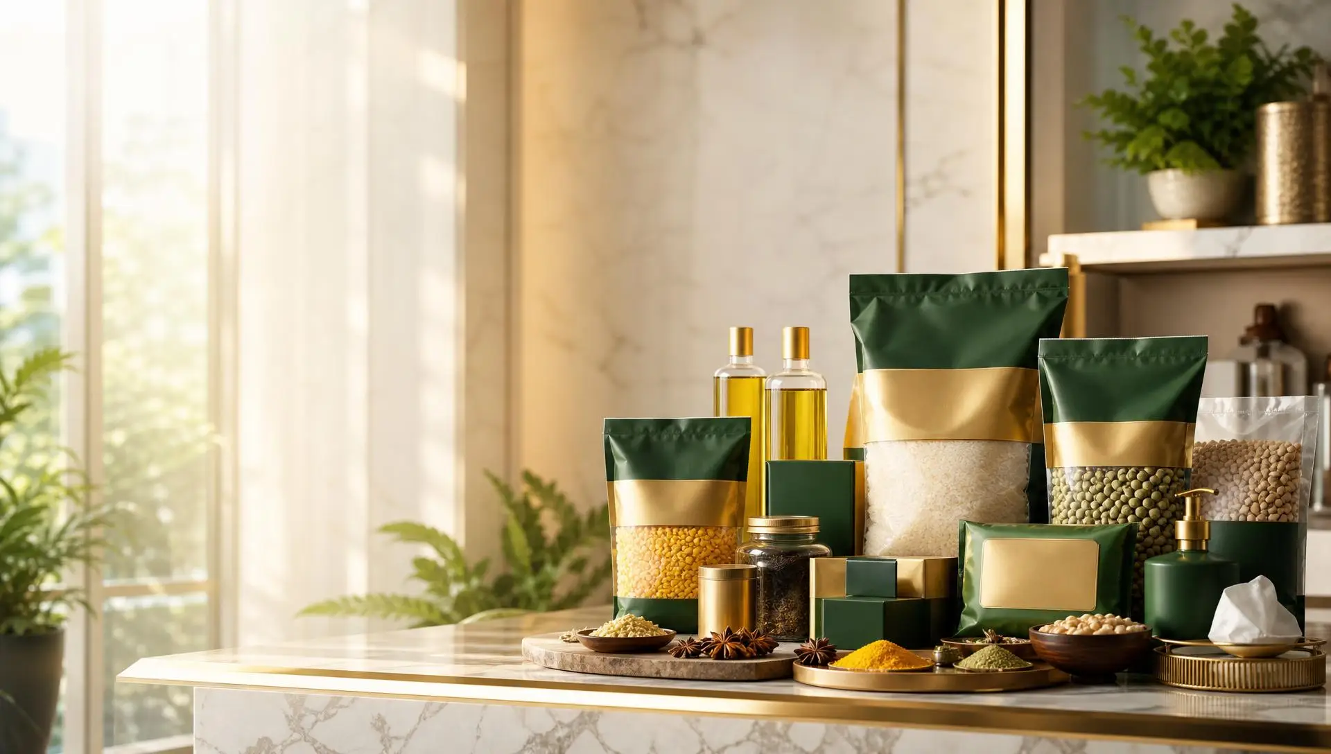 Premium FMCG product range — spices, oils, pulses, rice and household essentials